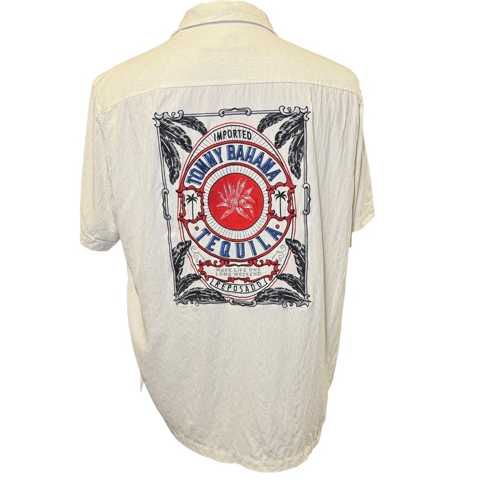 Tommy Bahama Mens Large Silk Tequila Reposado Graphic Camp Shirt White Textured